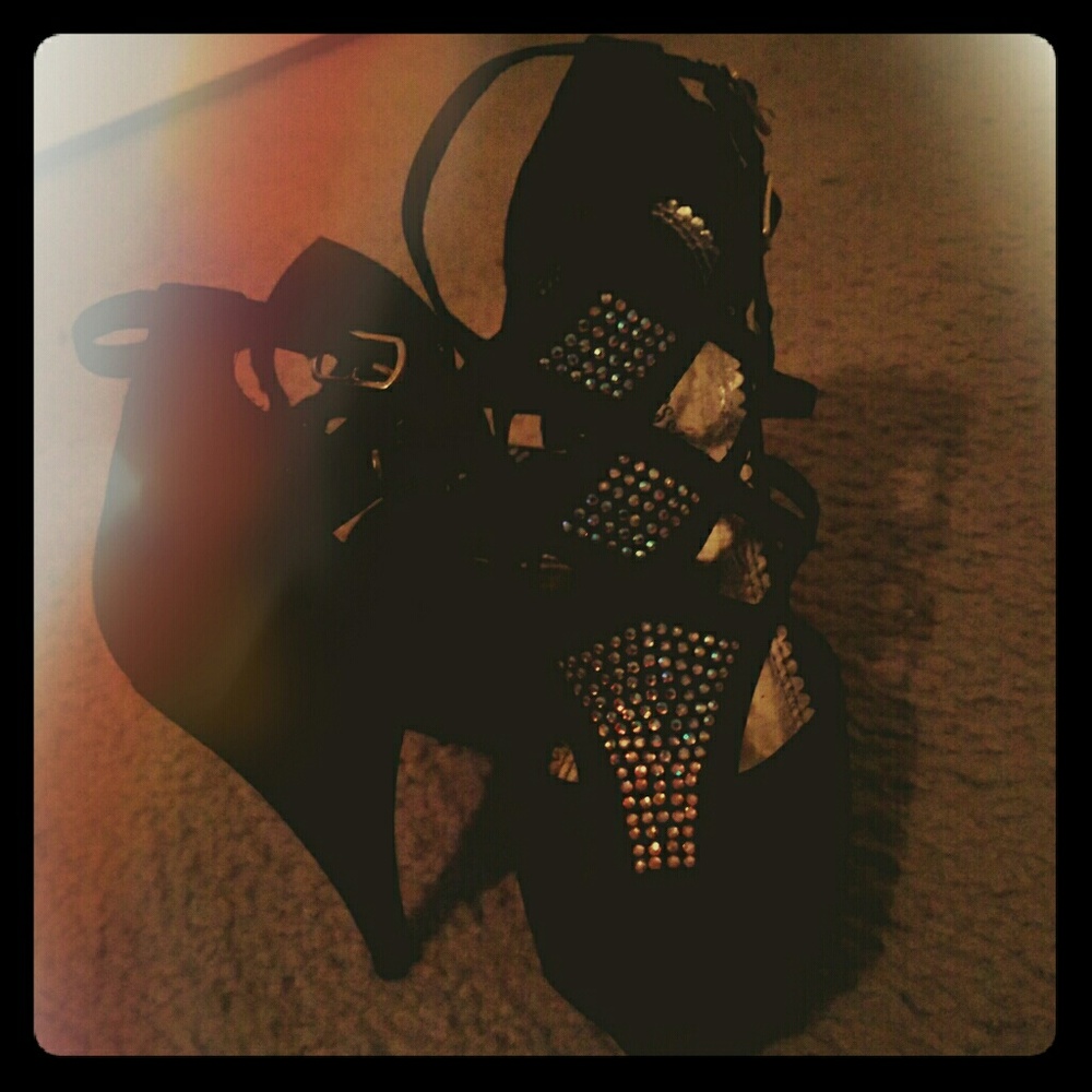 Black bedazzled birdcage heels